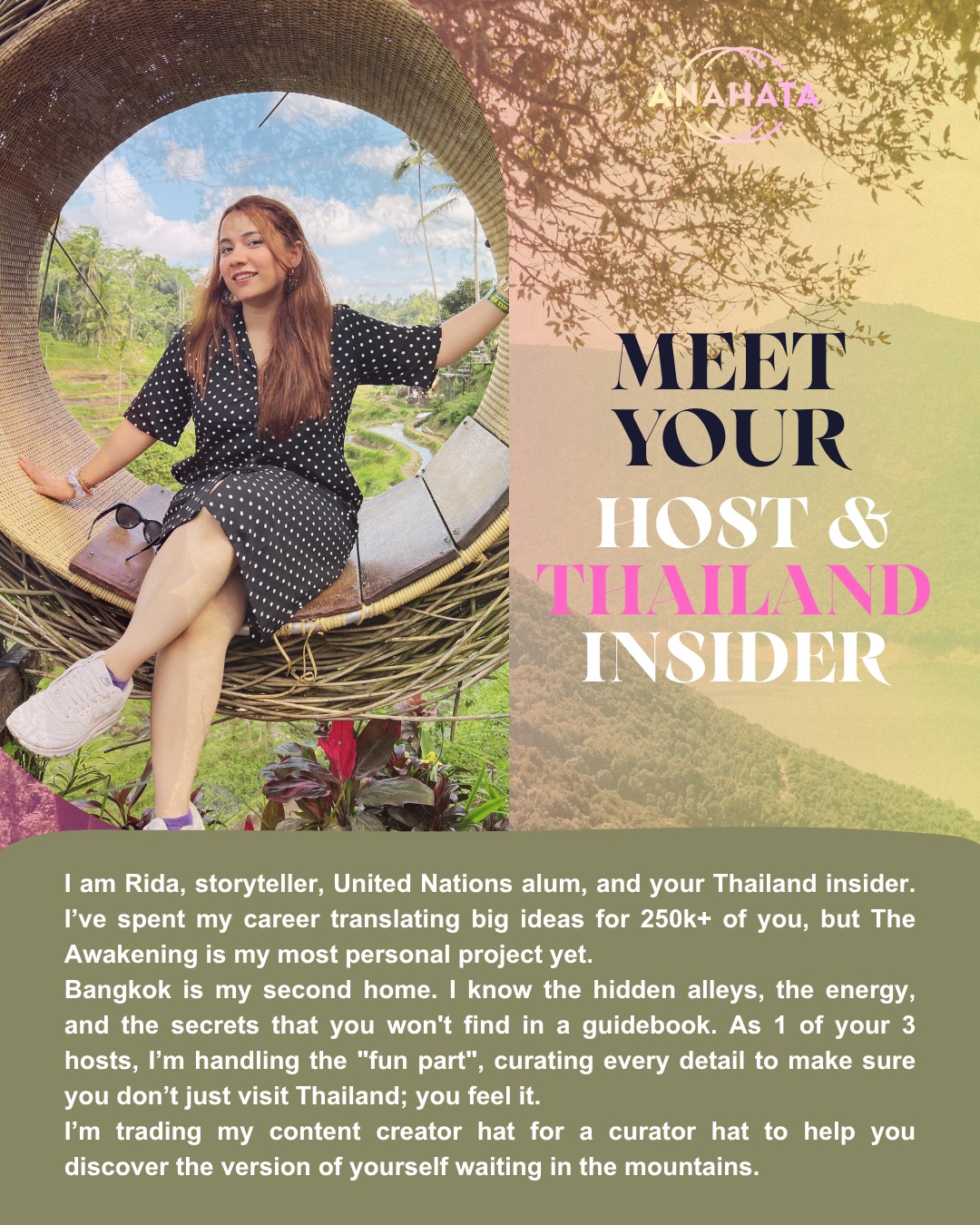 Meet Rida — your host and Thailand insider. Storyteller and UN alum curating every detail of your journey.