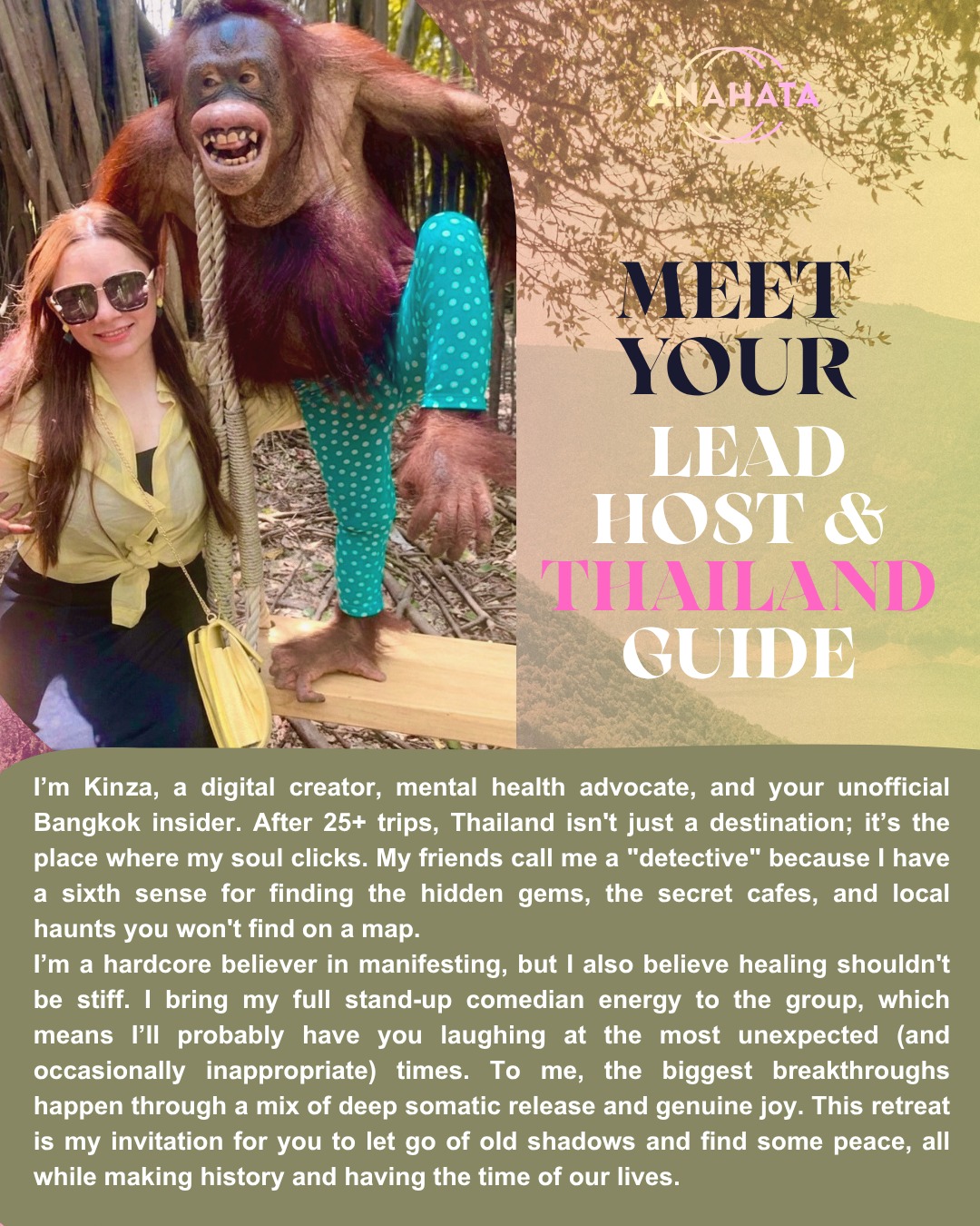 Meet Kinza — lead host and Thailand guide. Digital creator and mental health advocate bringing somatic release and joy.